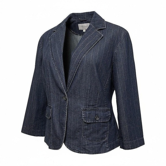 Larry Levine Women Blue Pinstripe Stretch Denim Blazer Jacket Size L RN103715 - Picture 2 of 7